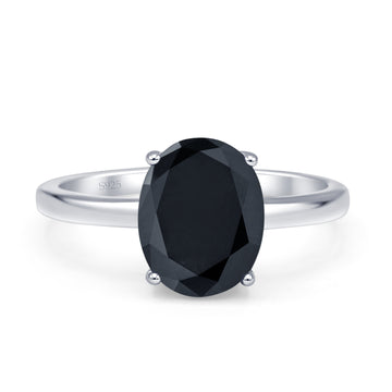 Solitaire Engagement Ring Oval Simulated Black CZ 925 Sterling Silver